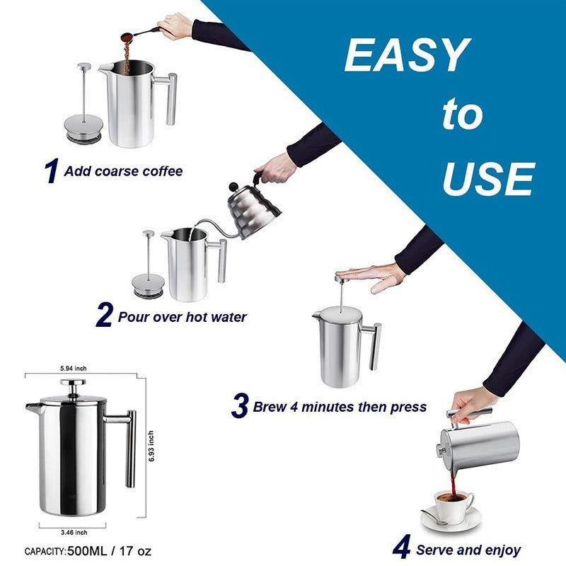 Coffee pot 304 stainless steel French press double-layer hand-pour straight handle coffee brewing pot - Korvel