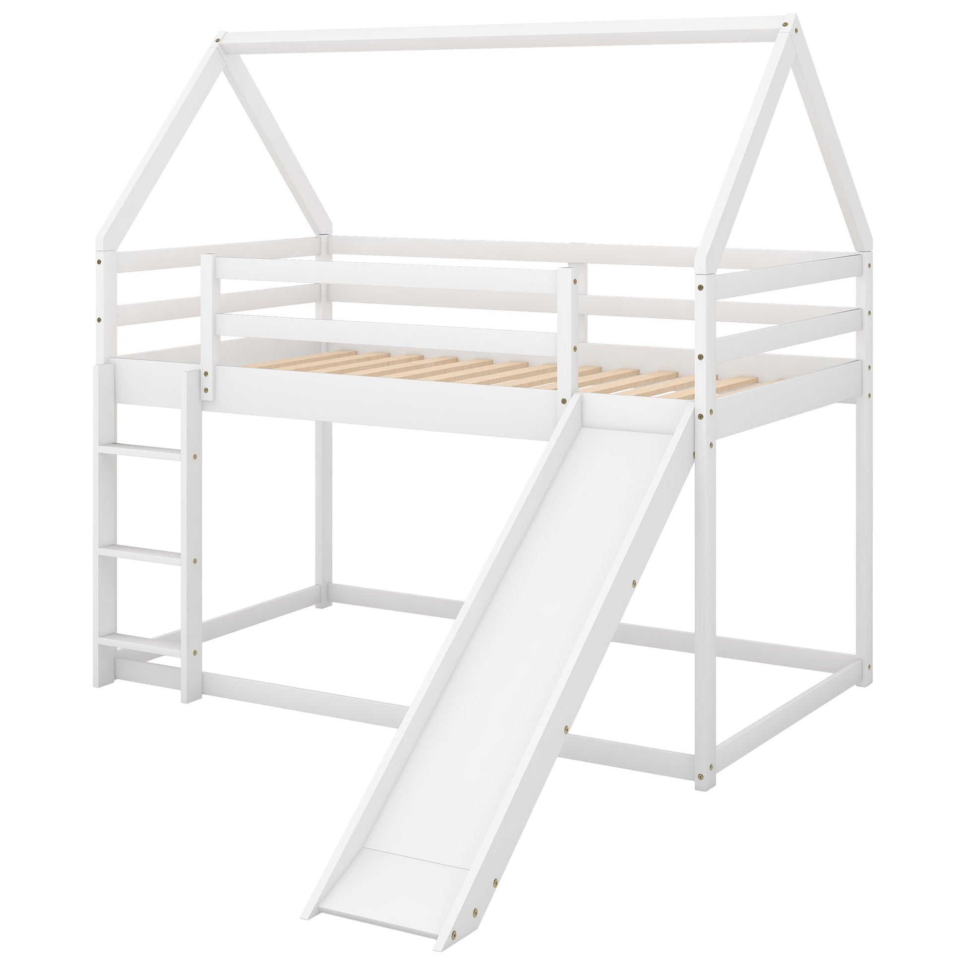 Twin Size Bunk House Bed with Slide and Ladder White - Korvel