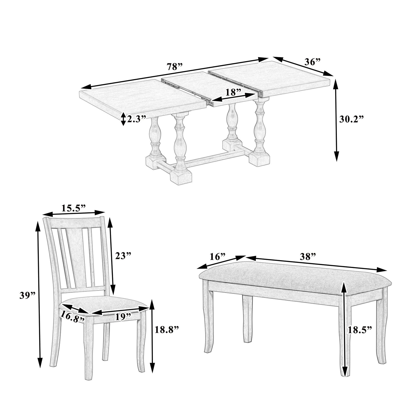 Traditional 6-Piece 78inch Trestle Extendable Dining Table Set with One 18inch Removable Leaf Distressed White - Korvel