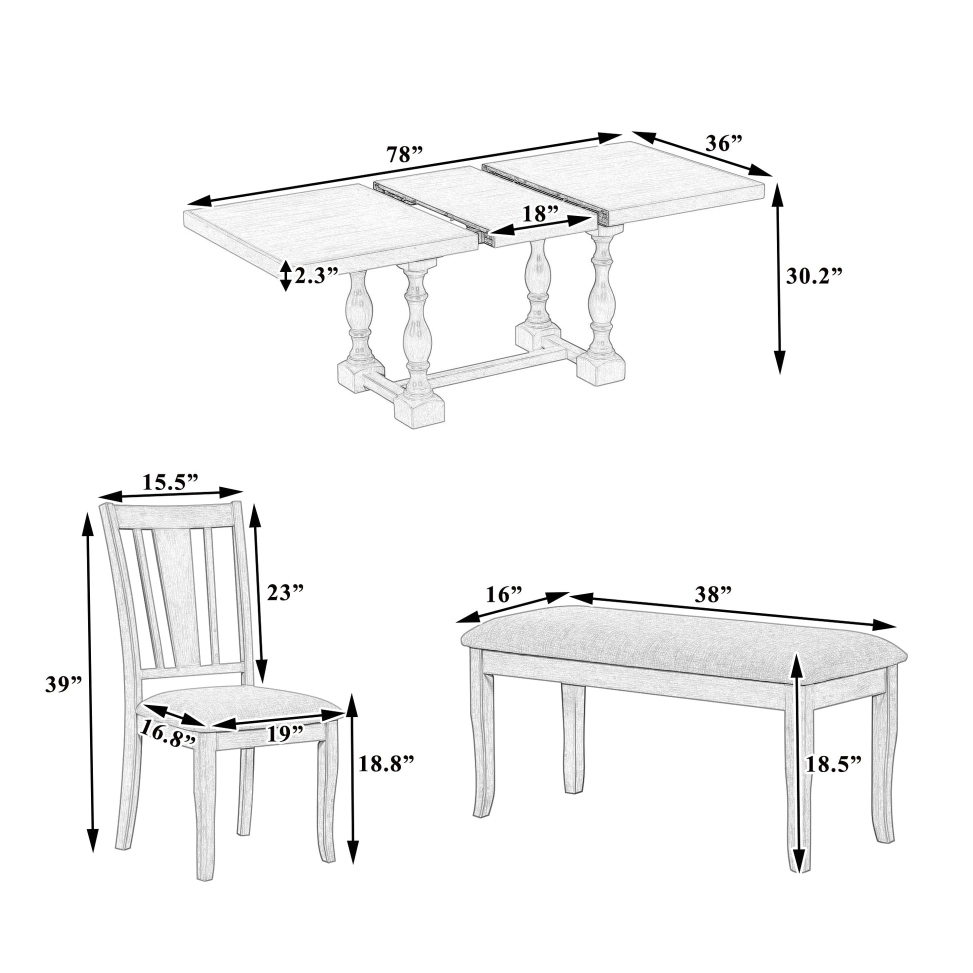 Traditional 6-Piece 78inch Trestle Extendable Dining Table Set with One 18inch Removable Leaf Distressed White - Korvel