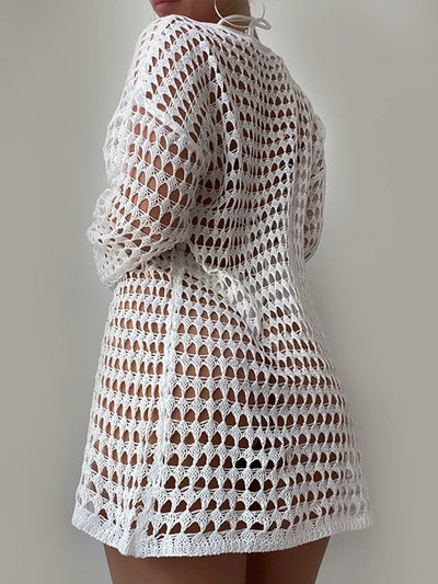 Knitted hollowed out pullover round neck long sleeved bikini swimsuit cover - Korvel