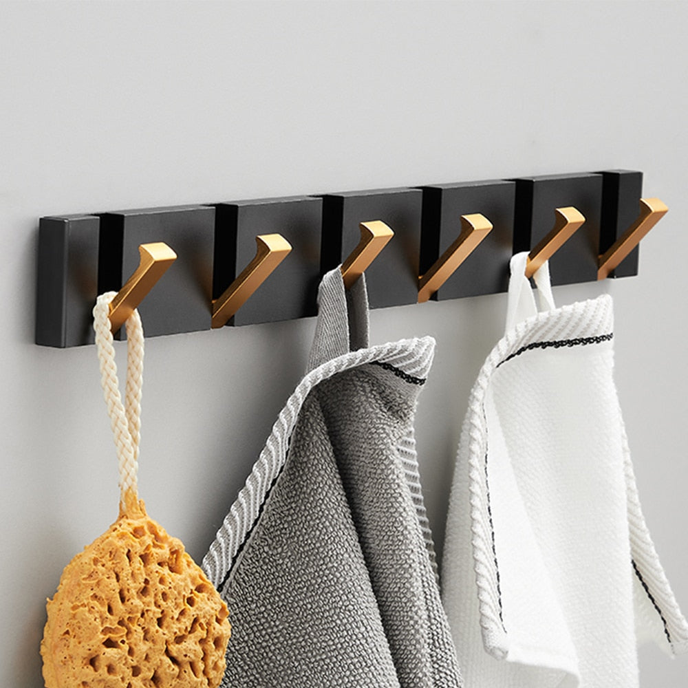 Folding Towel Hanger 2ways Installation Wall Hooks Coat Clothes Holder for Bathroom Kitchen Bedroom Hallway, Black Gold - Korvel