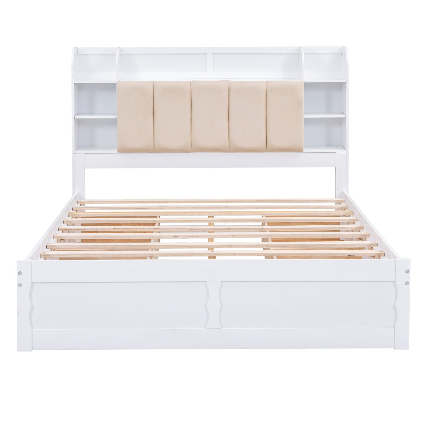Wood Queen Size Platform Bed with Storage Headboard  Shelves and 4 Drawers  White - Korvel