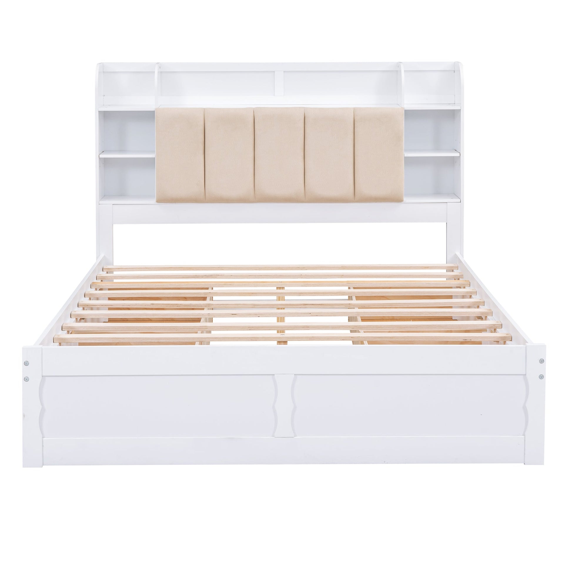 Wood Queen Size Platform Bed with Storage Headboard  Shelves and 4 Drawers  White - Korvel