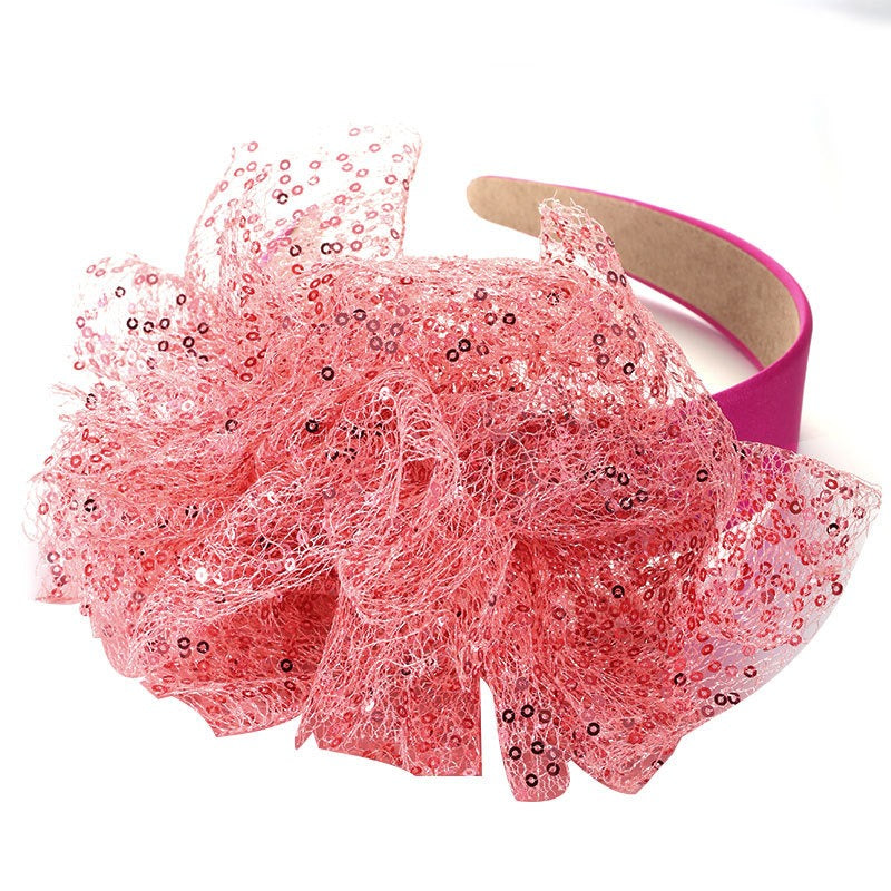 Solid color sequin flower wide edge girl style mesh headband - Korvel