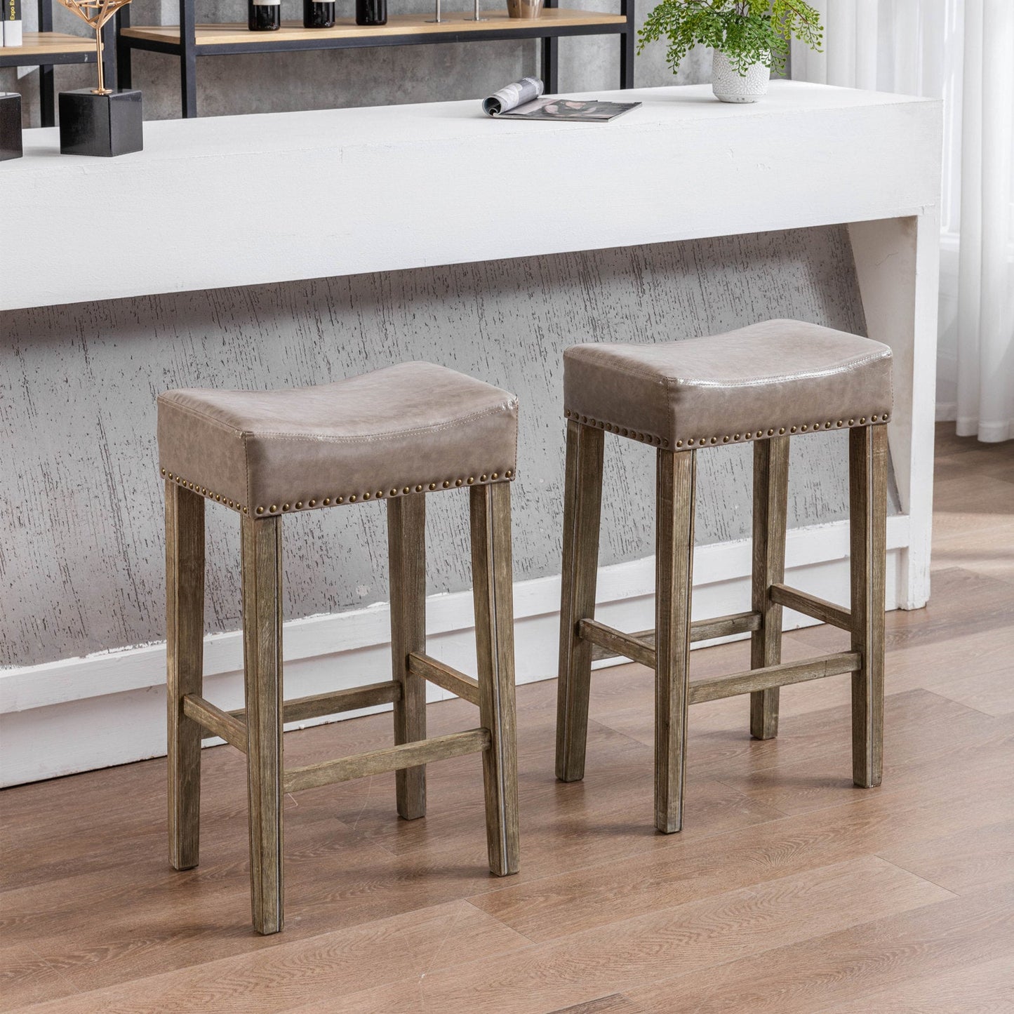 Counter Height 29" Bar Stools for Kitchen Counter Backless Faux Leather Stools Farmhouse Island Chairs (29 Inch Gray Set of 2) - Korvel