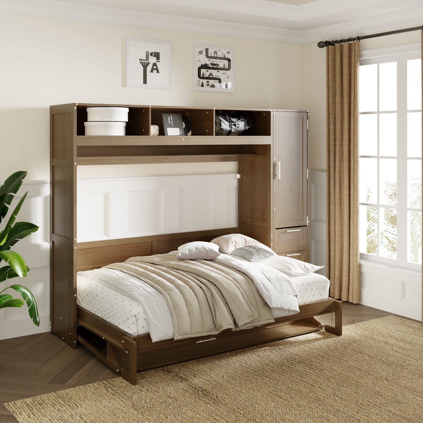 Full Size Murphy Bed with Wardrobe, Drawers and Open Shelves, Antique Grey - Korvel