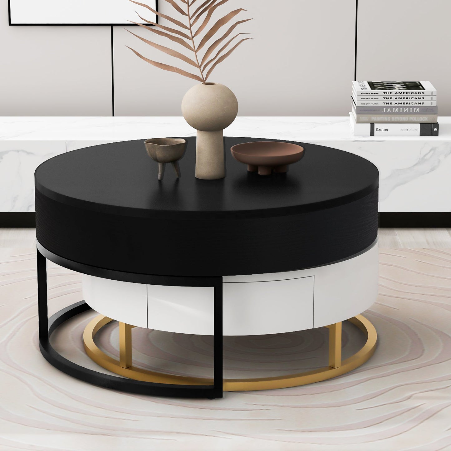 Tables basses empilables rondes modernes avec plateau relevable et tiroirs