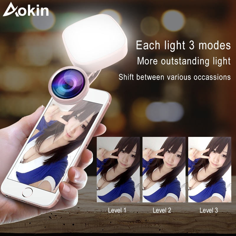 Selfie Ring Light with HD 3 in 1 Fisheye Wide Angle Macro Lens Flash Led Camera Phone Photography for iPhone Samsung Lens - Korvel