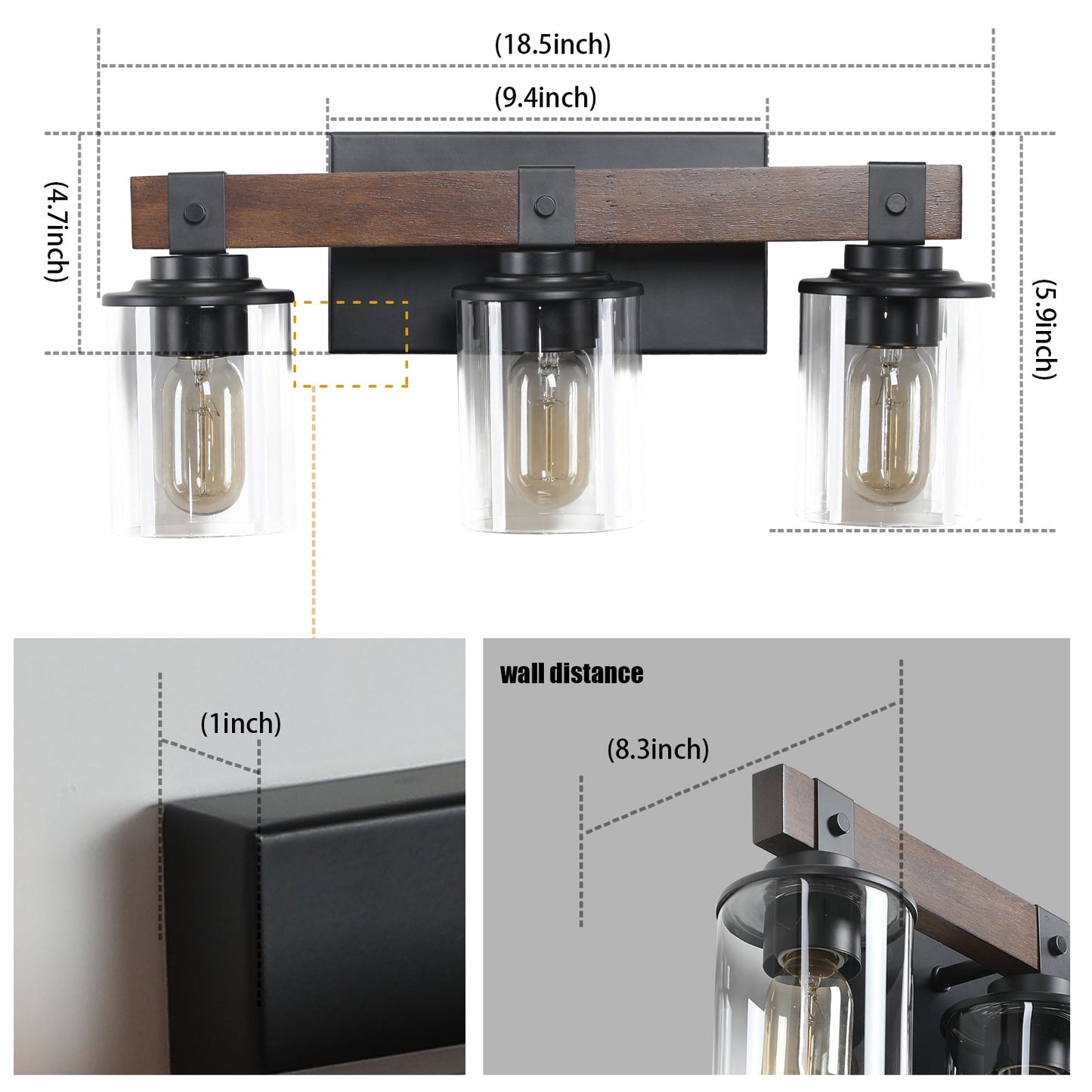 Applique de salle de bain rustique à 3 lumières de style ferme