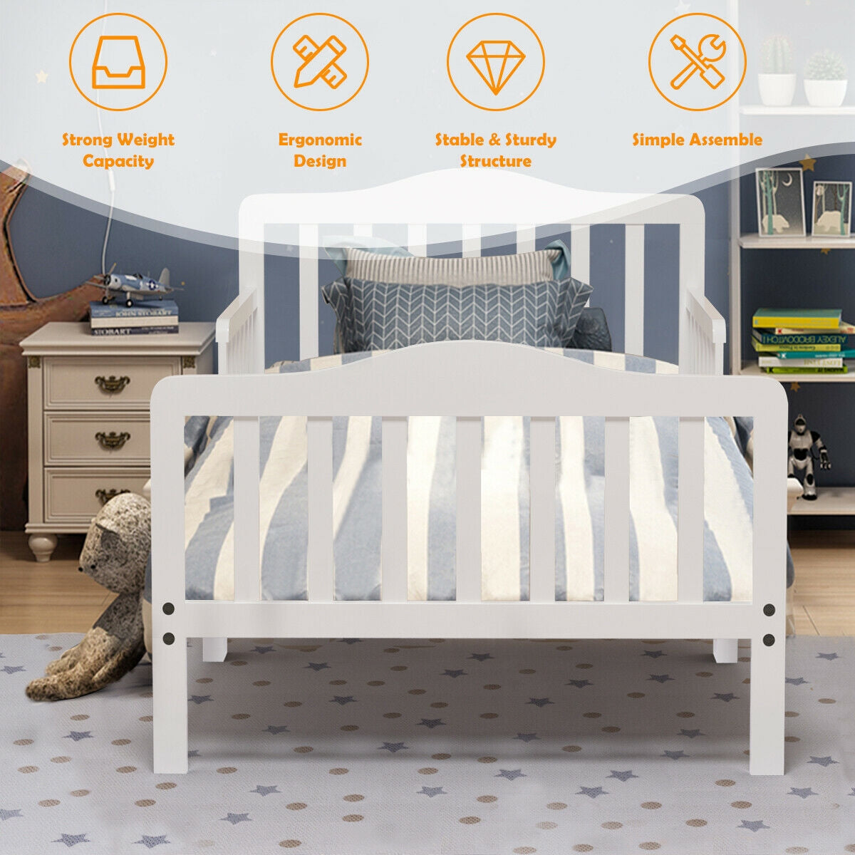 Classic Wood Toddler Bed Frame with Safety Guardrails - White