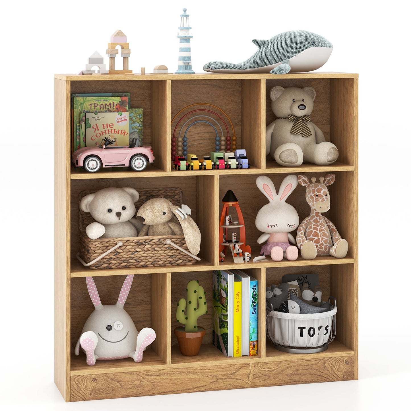 Librero independiente de 8 cubos de 41 pulgadas para niños - Madera natural
