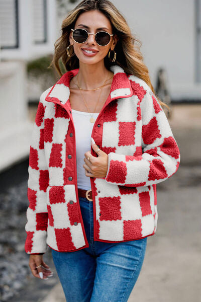 Chaqueta de Teddy de Manga Larga con Botones y Diseño a Cuadros Elegante