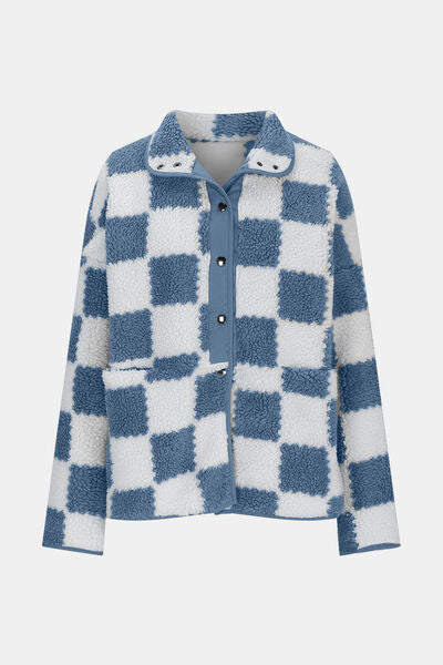 Chaqueta de Teddy de Manga Larga con Botones y Diseño a Cuadros Elegante