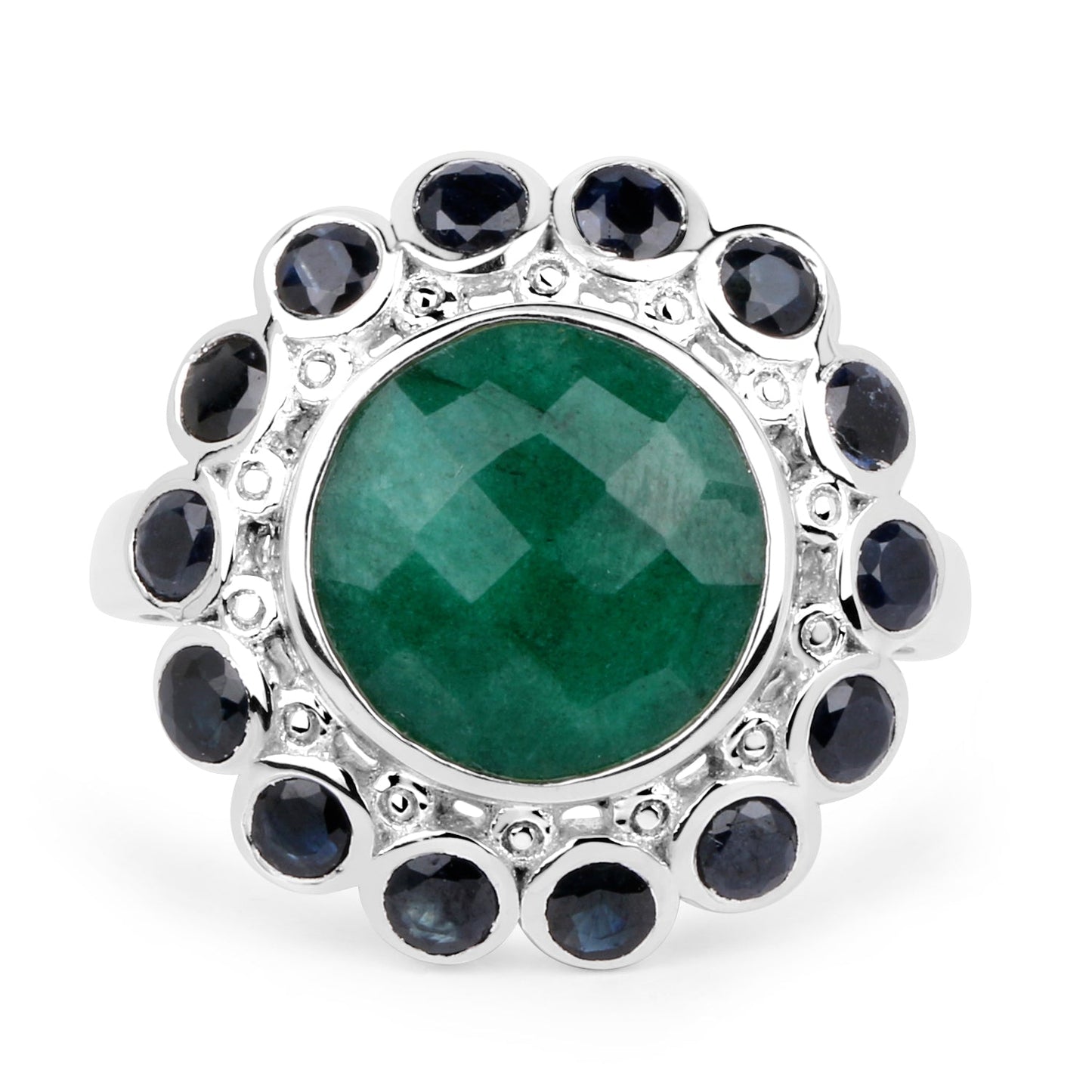 6.88 Carat Dyed Emerald & Blue Sapphire Sterling Silver Ring