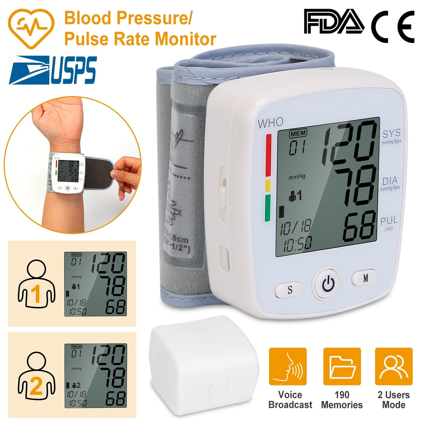 Digital Wrist Blood Pressure Monitor with Memory and LCD Display