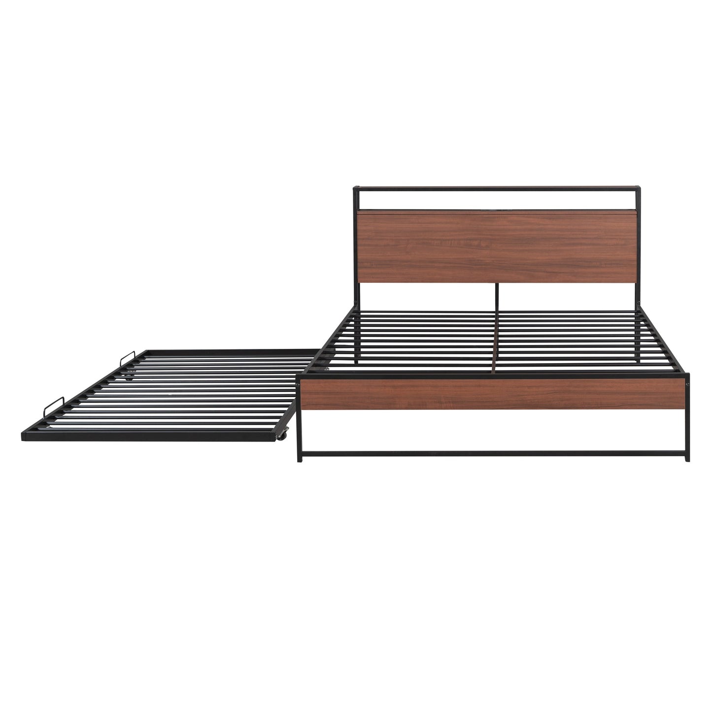 Cama de Plataforma de Metal Tamaño Queen con Trundle y Puertos USB - Negro