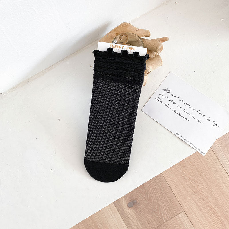 1 pair of socks for women summer thin black middle tube socks Japanese lace ballet style socks mesh breathable pile socks - Korvel