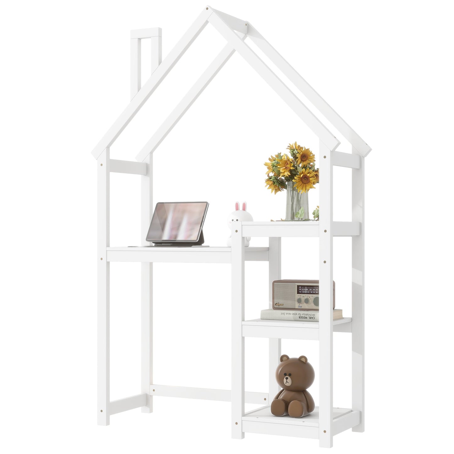 House-shaped Wooden writing Desk,Kids study Table,Bookshelf & Toy Storage,White - Korvel
