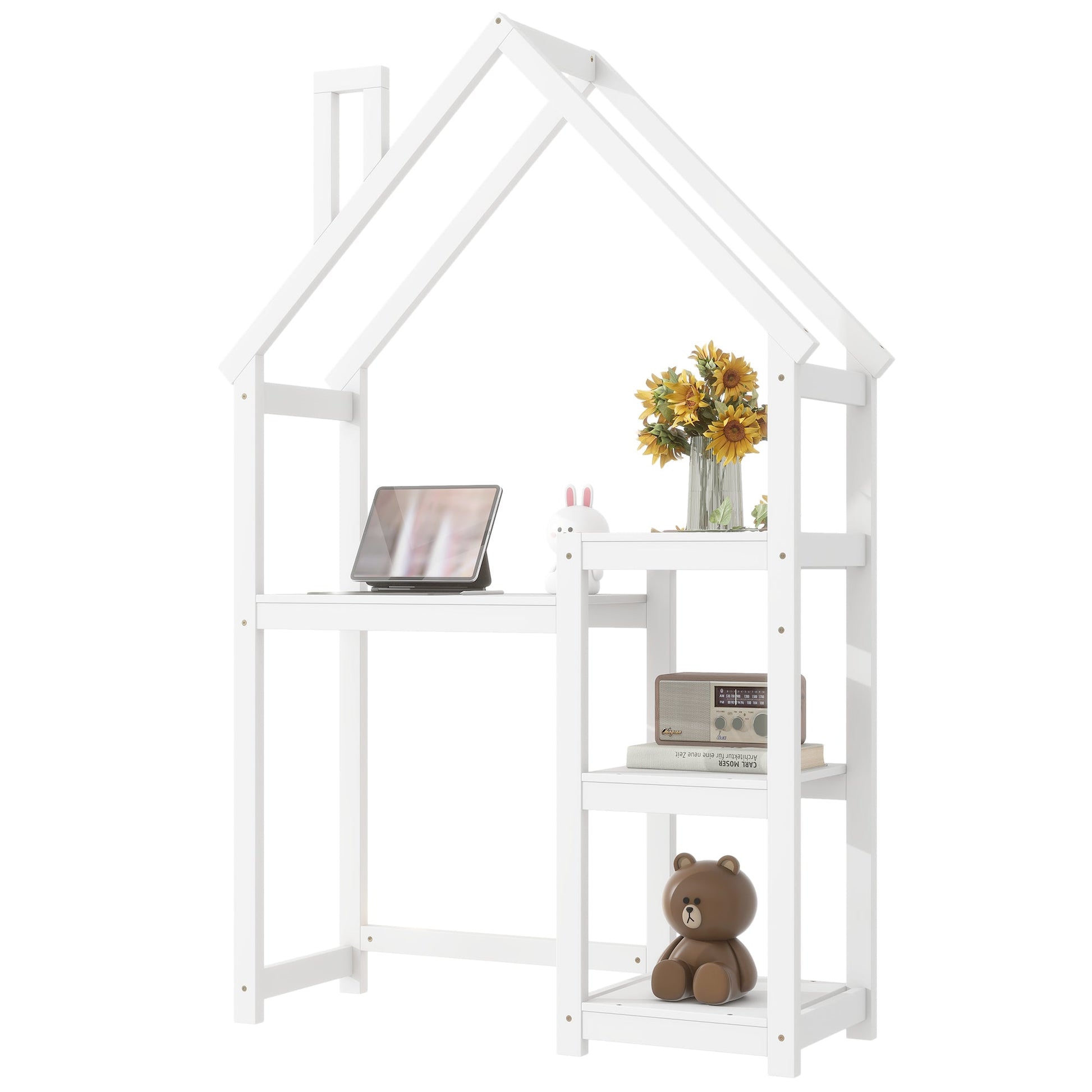 House-shaped Wooden writing Desk,Kids study Table,Bookshelf & Toy Storage,White - Korvel