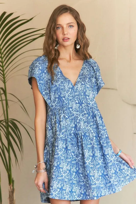 Summer Printed V-Neck Ruffle Sleeve Mini Dress