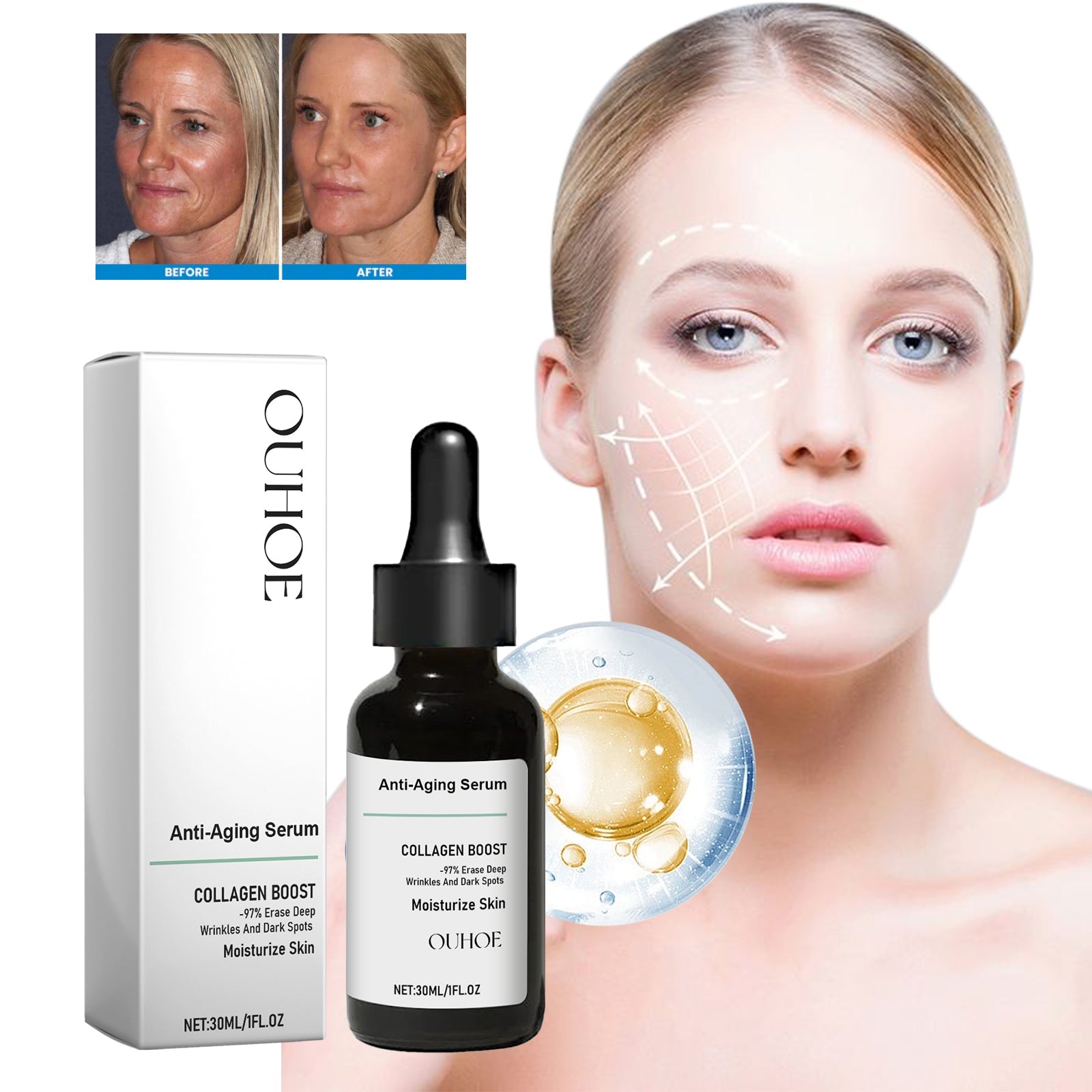 Ouhoe Collagen Anti-Wrinkle Facial Essence Reduces Fine Lines, Moisturizes, Tightens, And Moisturizes Skin - Korvel