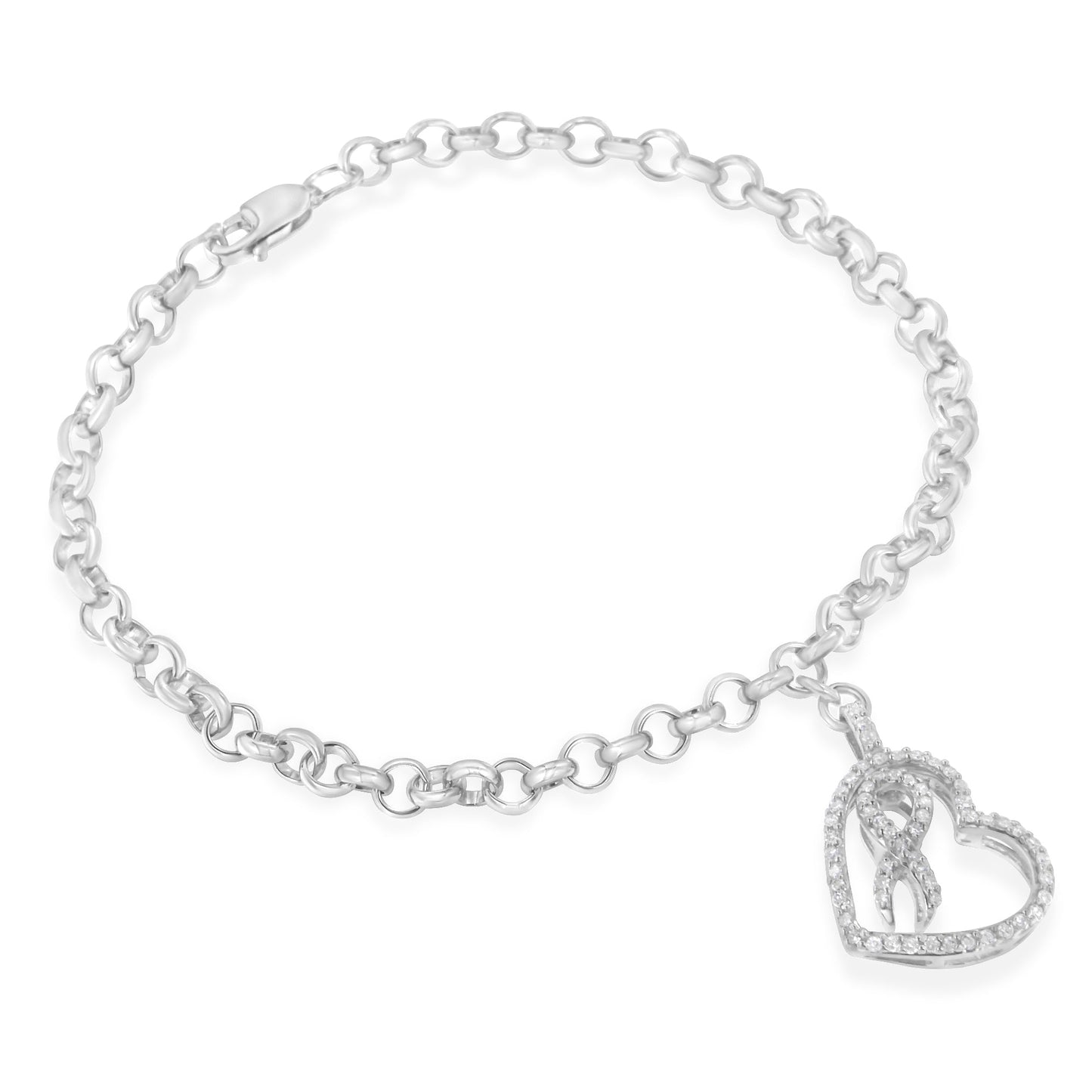 .925 Sterling Silver Diamond-Accented Heart Charm Bracelet