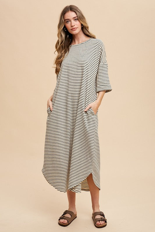 Striped Round Neck Midi Dress - Soft & Stylish Classic Design