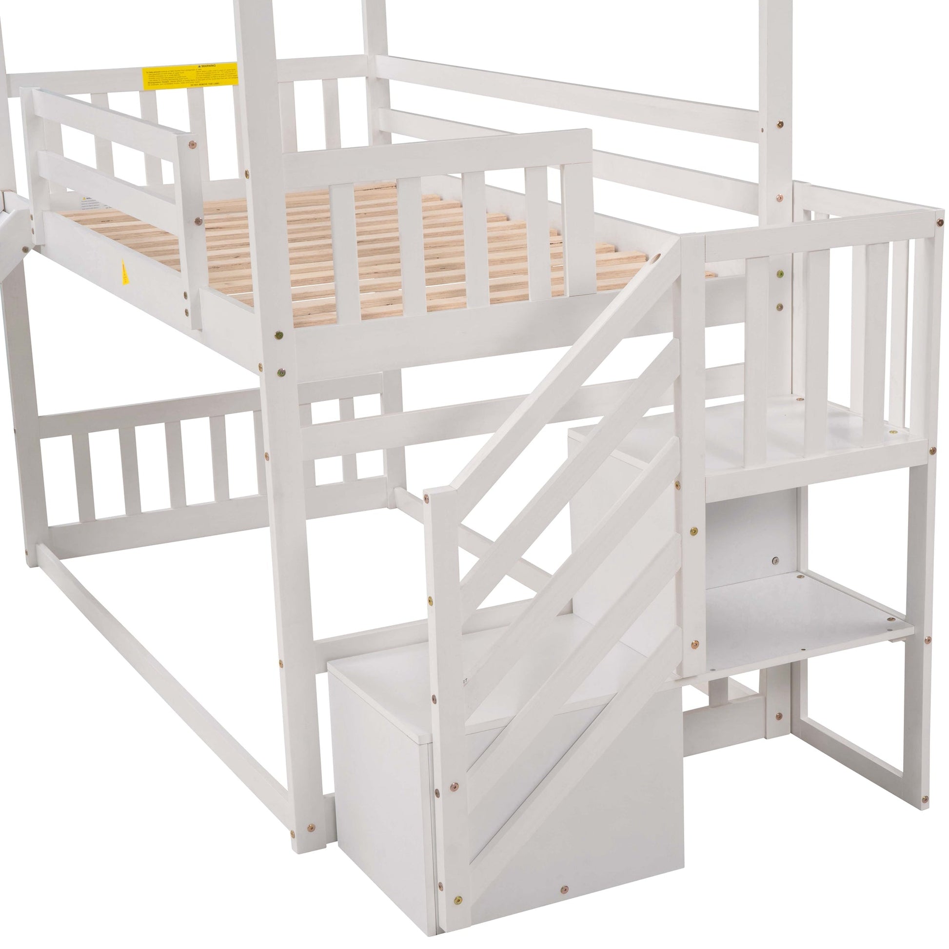 Twin over Twin House Bunk Bed with Convertible Slide,Storage Staircase,White - Korvel