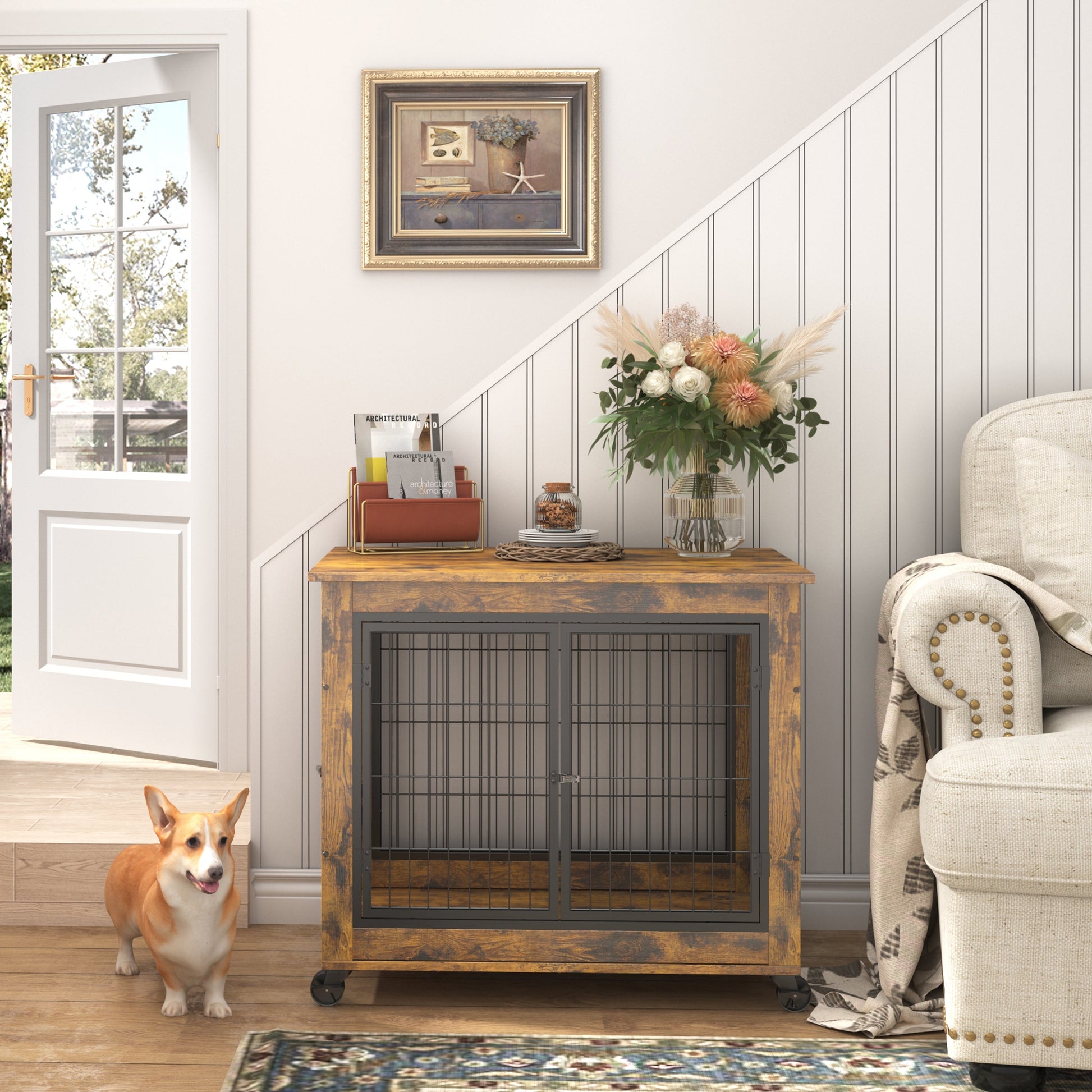 Furniture Style Dog Crate Side Table on Wheels with Double Doors and Lift Top. Rustic Brown, 31.50'' W x 22.05'' D x 25'' H. - Korvel