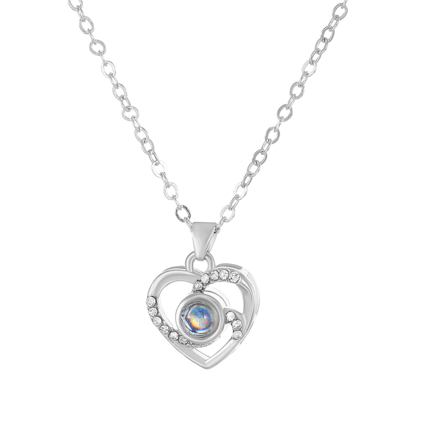Diamond studded heart-shaped projection necklace in 100 languages. I love you, heart-shaped pendant, couple necklace - Korvel