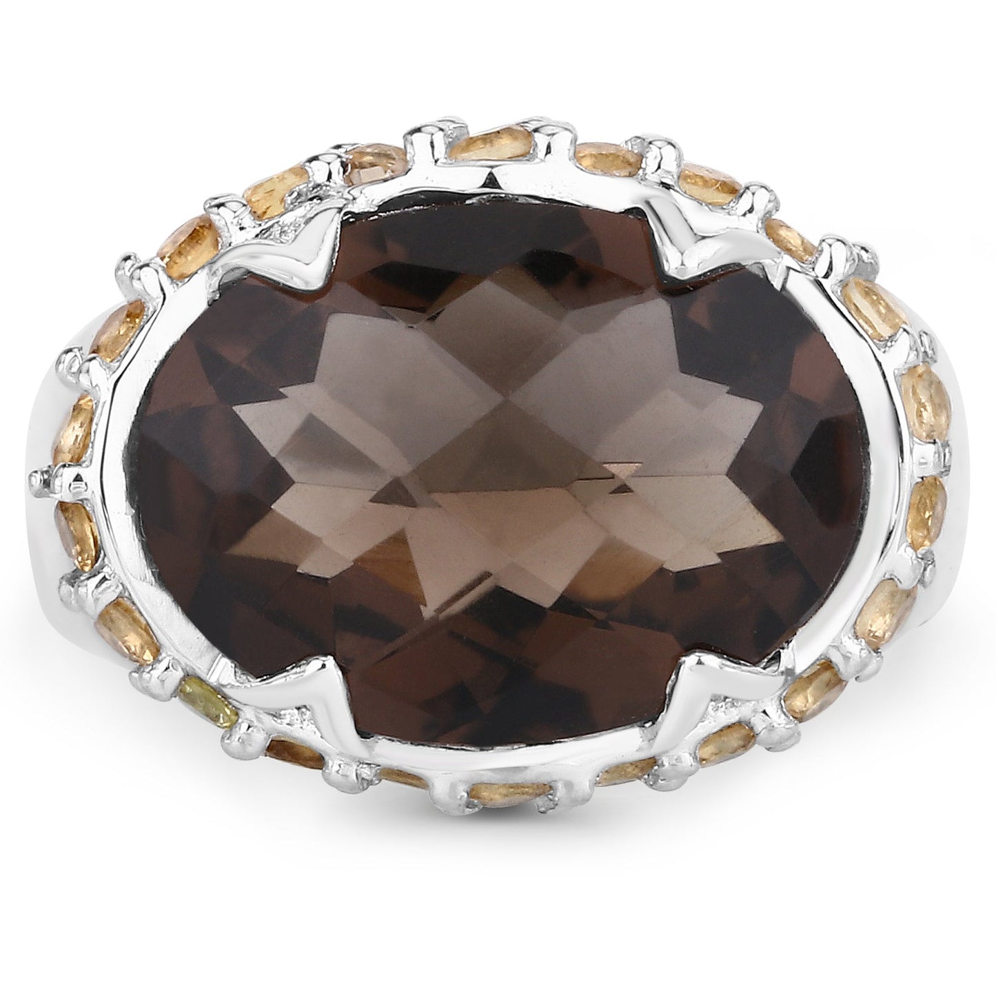 9.58 Carat Genuine Smoky Quartz and Citrine Sterling Silver Ring