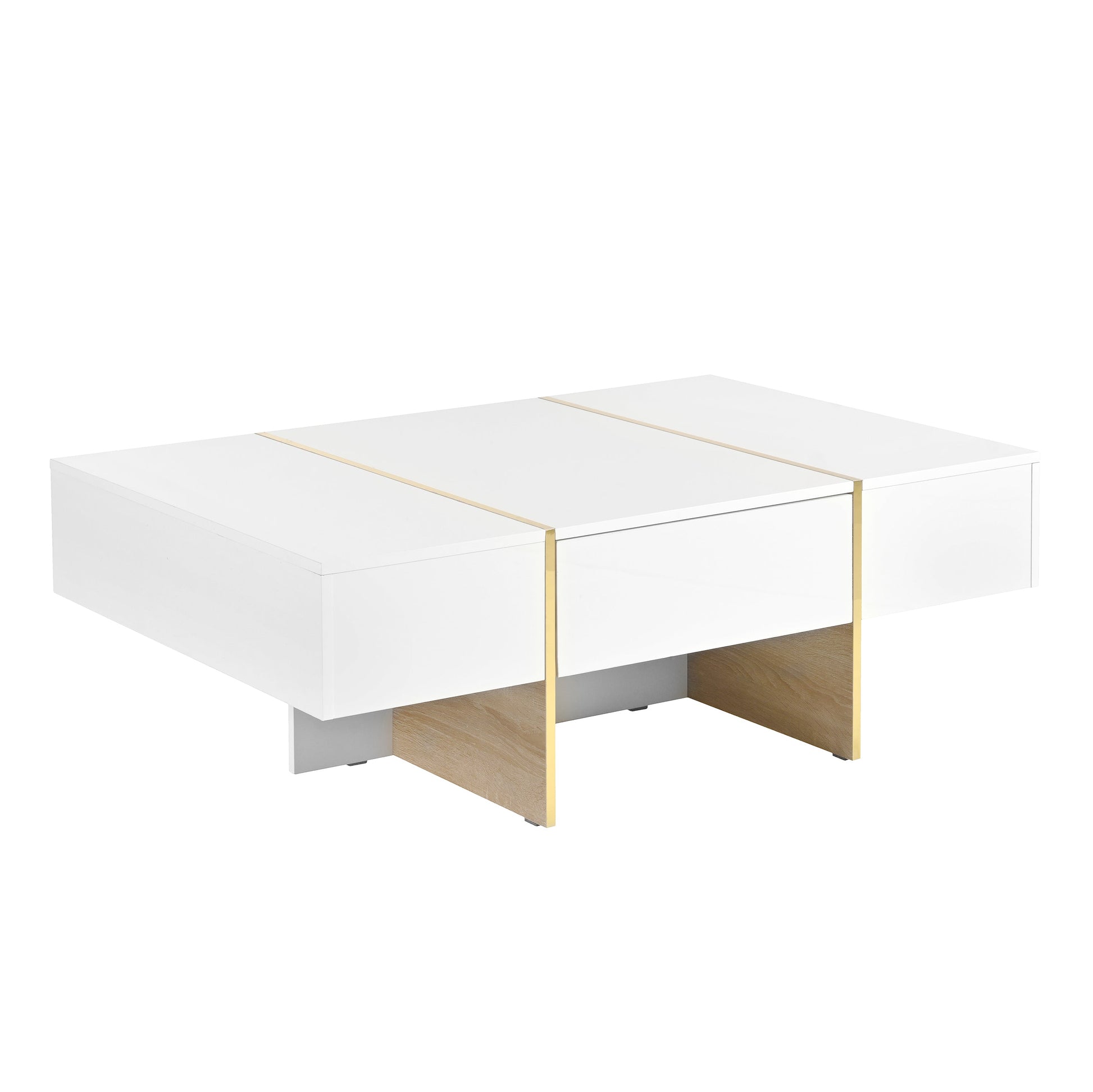 ON-TRANS 47.2 inch x 31.4 inch multifunctional rectangular sofa table with 2 drawers and gold wood grain leg center table, white - Korvel
