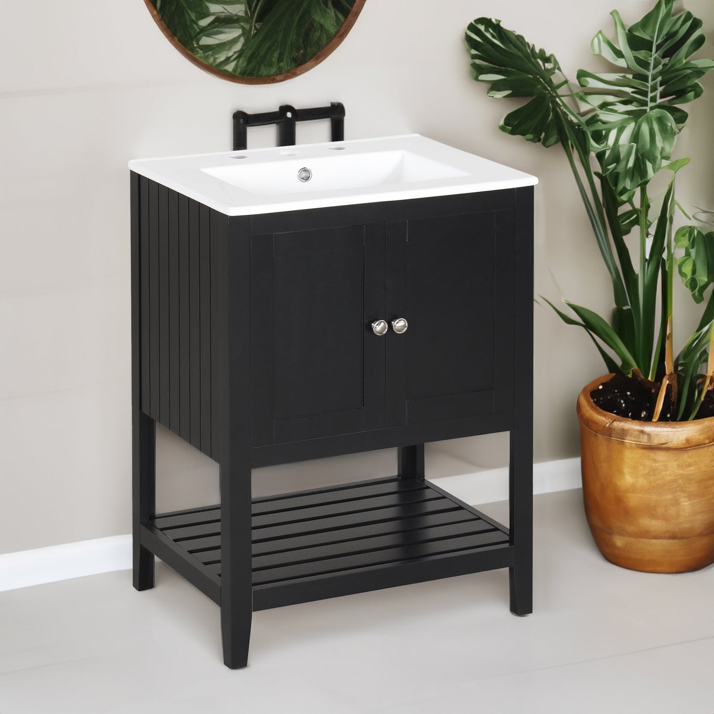 Meuble de salle de bain moderne noir de 24" avec évier en céramique élégant