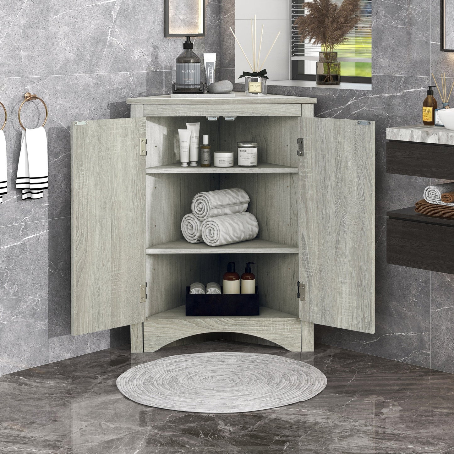Oak Triangle Bathroom Storage Cabinet with Adjustable Shelves, Freestanding Floor Cabinet for Home Kitchen - Korvel