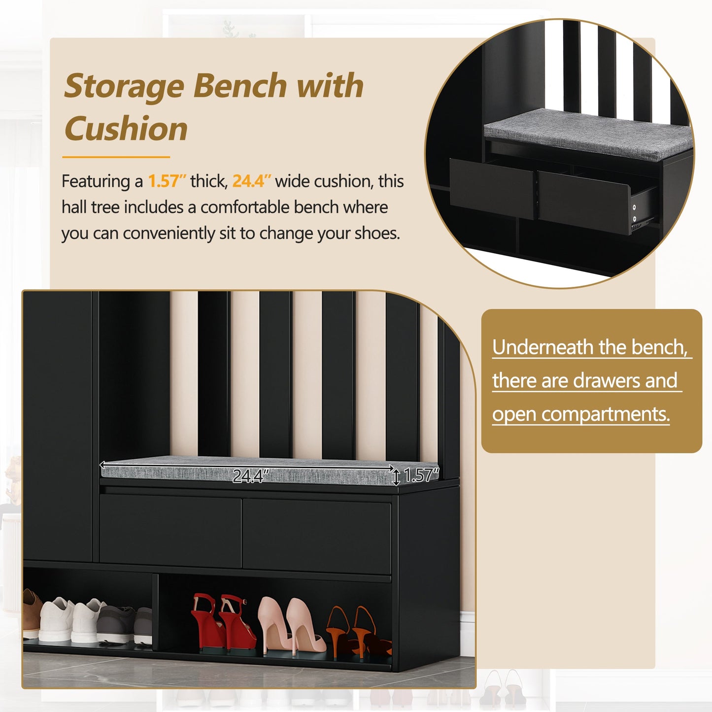 39.3'W70.8'H multifunctional corridor shoe cabinet with soft padded nail board and black hanger with entrance hook - Korvel