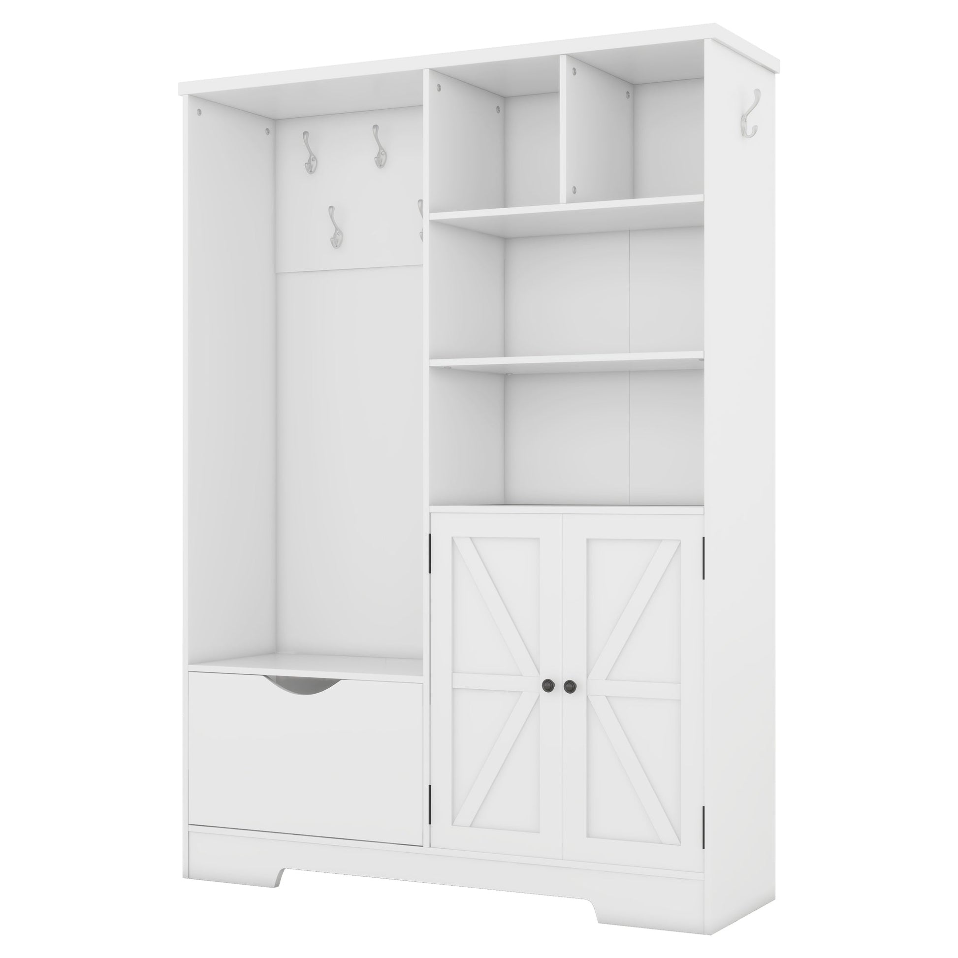 Multi-functional Hall Tree with Storage Shelves Drawers Cabinet Elegant Hallway Shoe Cabinet with Bench Modern Coat Rack White - Korvel