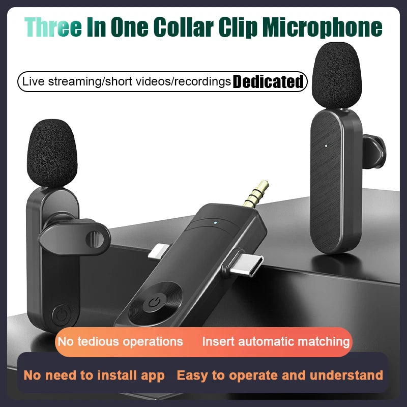 3 In 1 Wireless Lavalier Microphone Plug And Play Intelligent Noise Reduction Mini Mic For iPhone Android Live Broadcast - Korvel