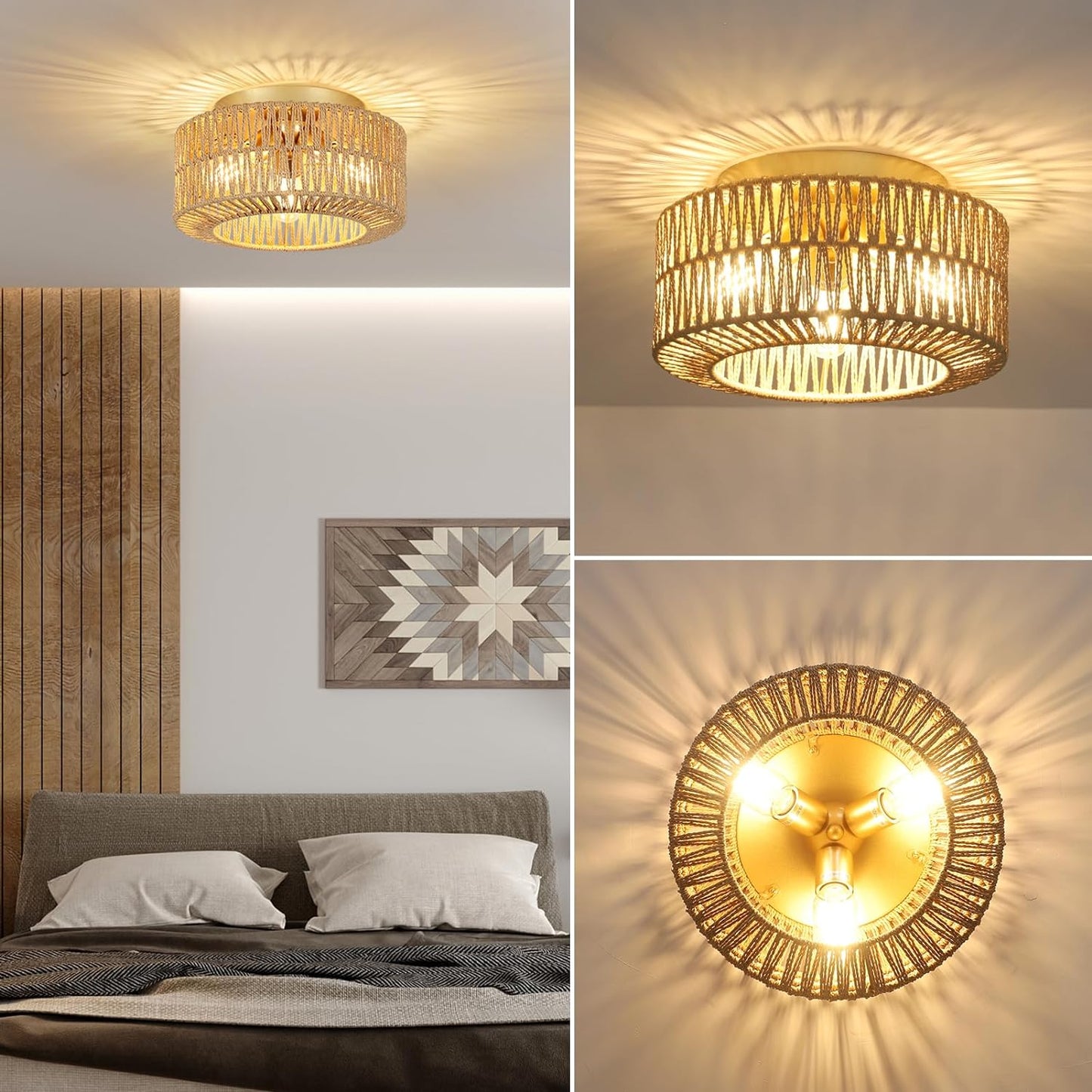 Boho Light Fixtures Ceiling Mount 3-Light Farmhouse Rattan Ceiling Light Fixture Flush Mount Ceiling Light with Hand-Woven Shade - Korvel