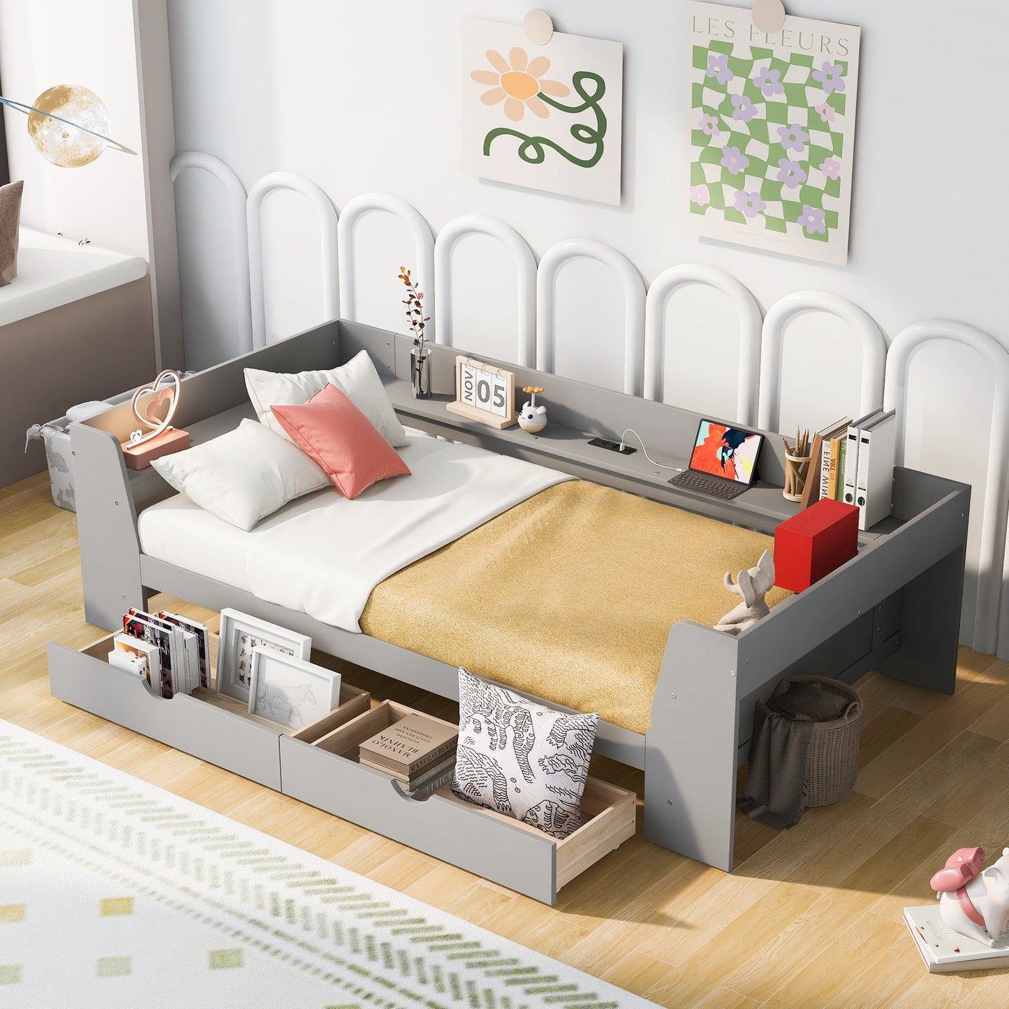 Elegant Twin Size Daybed with Shelves and Charging Station - Gray