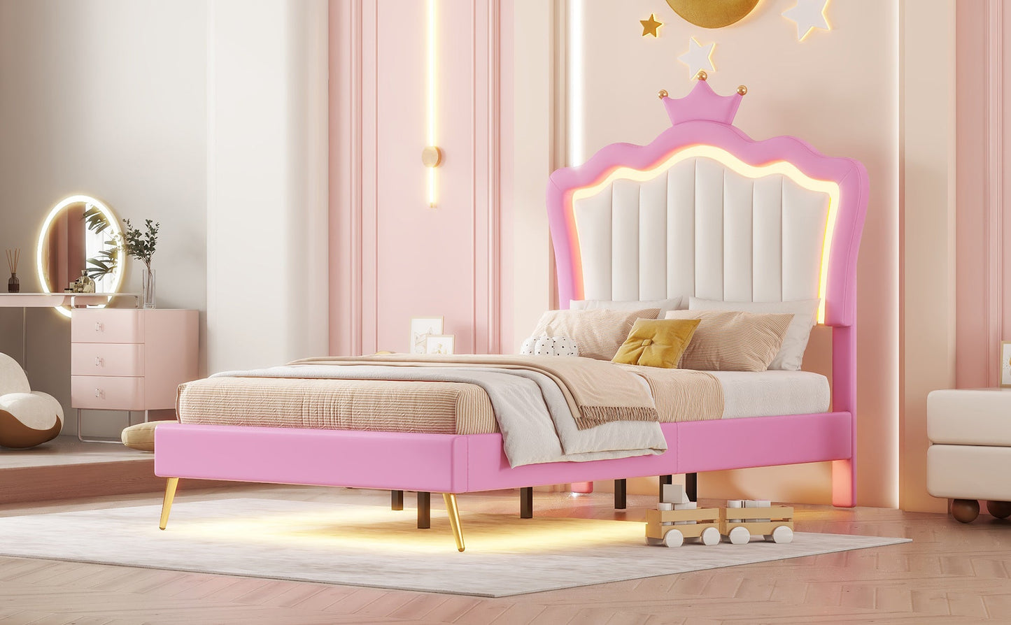 Twin Size Upholstered Bed Frame with LED Lights - Pink & White