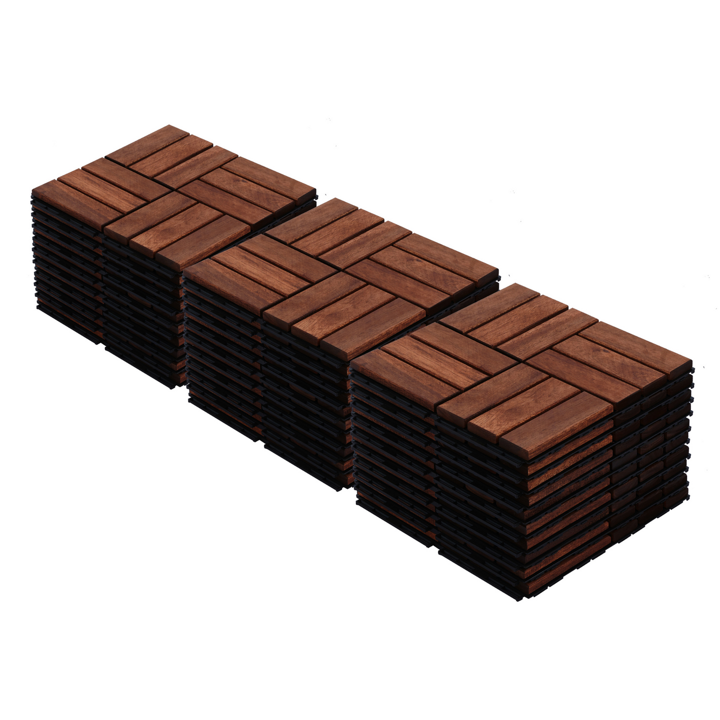 Acacia interlocking deck tile grid pattern, 10 pieces of 12 inch x 12 inch square brown Acacia hardwood outdoor flooring - Korvel