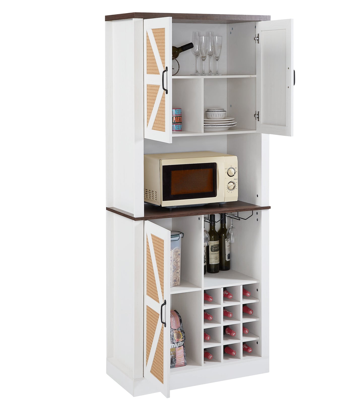 76 Inch Tall Farmhouse Kitchen Faux Rattan Wine Cabinet, Kitchen Bar Cabinet with Square Compartments and Shelves - Korvel