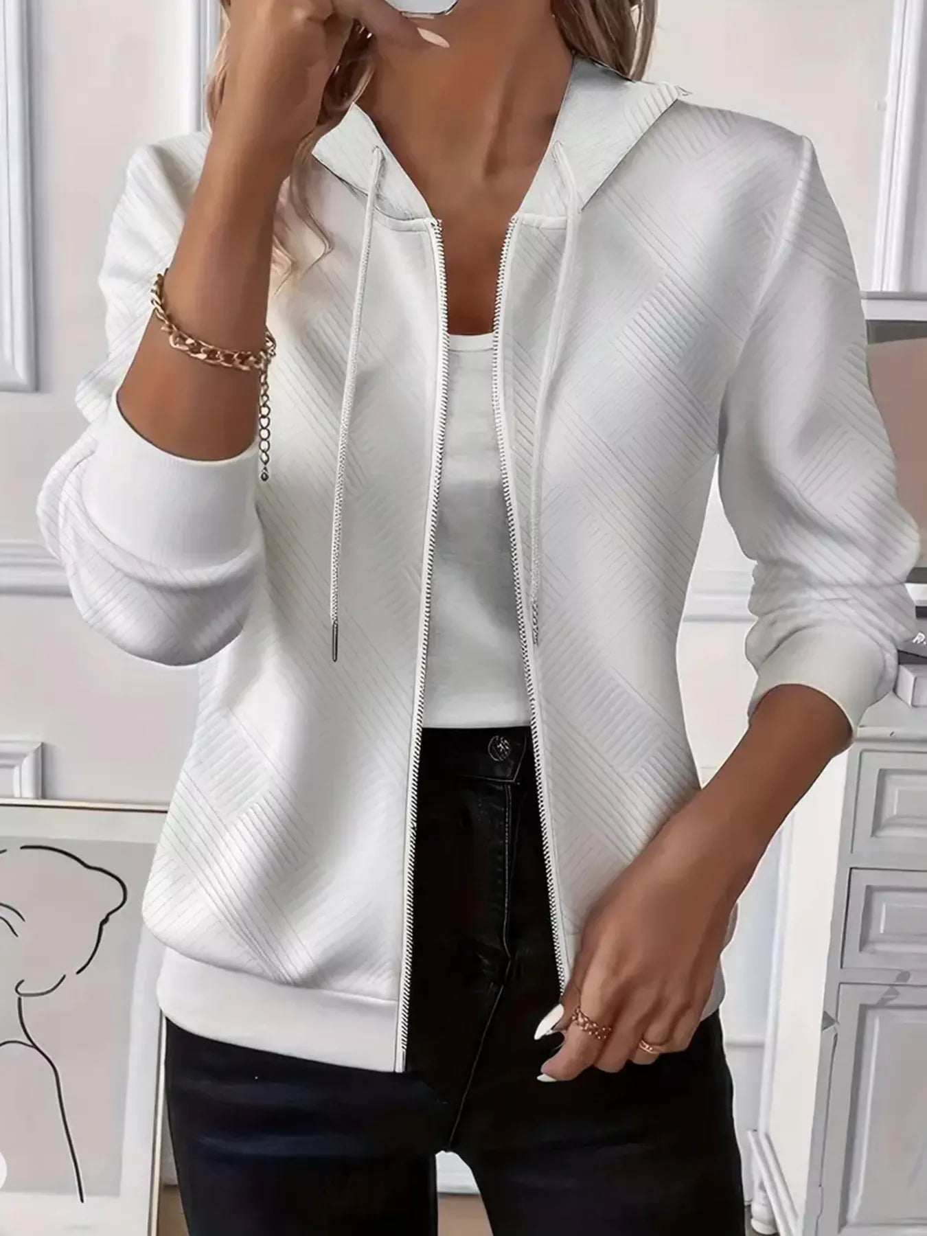 Texture Zip-Up Hoodie with Adjustable Drawstring