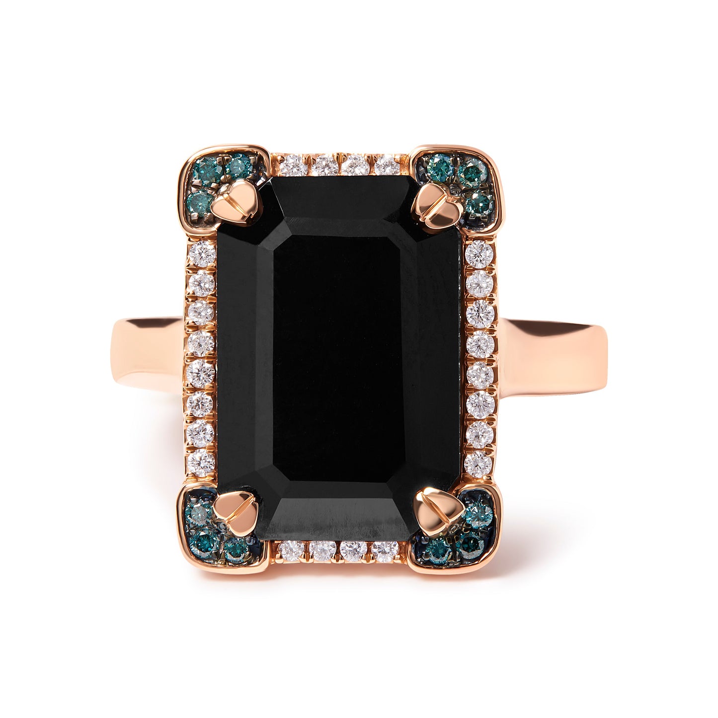 Anillo de cóctel de ónice negro y diamantes con halo en oro rosa de 14K - Talla 7