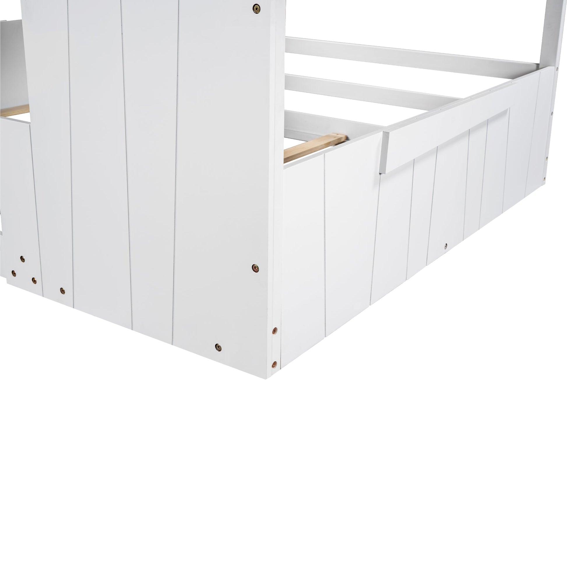 Wood Full Size House Bed with Roof, Window and Guardrail White - Korvel