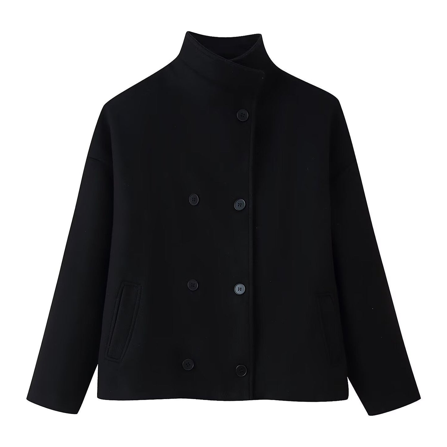 Womens Short Wool Coat with Stand Collar and Double-Breasted Buttons