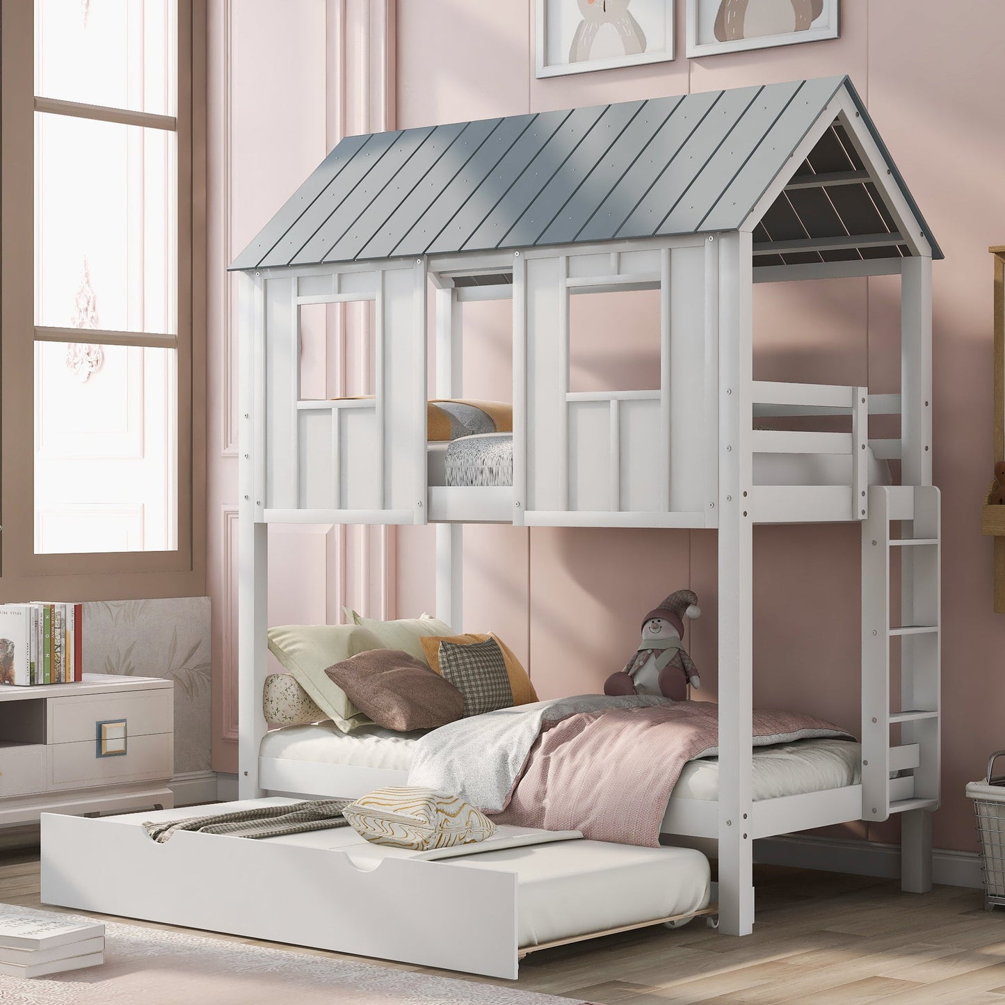 House Bunk Bed with Trundle,Roof and Windows White - Korvel