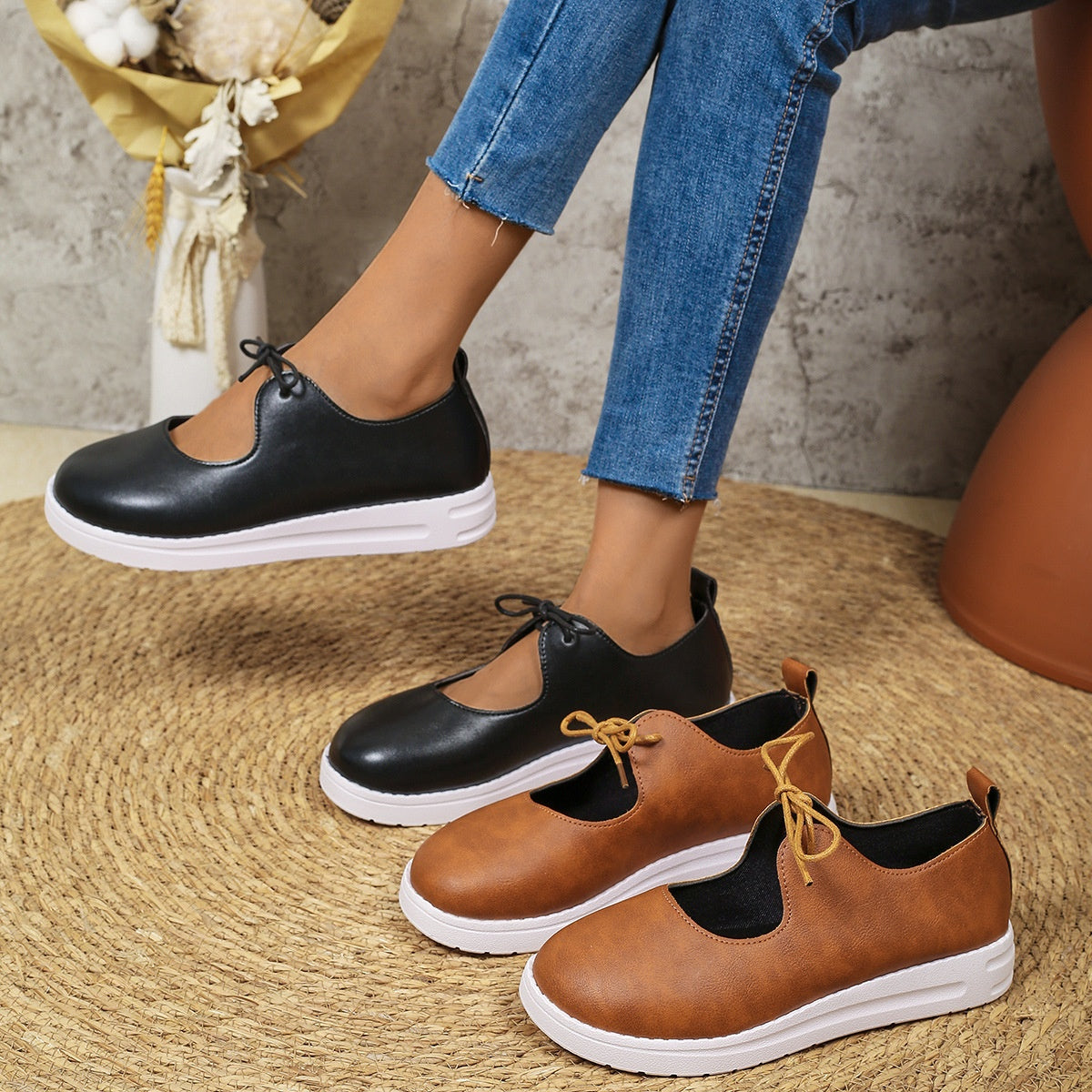 Round toe front strap solid color casual single shoe for women - Korvel