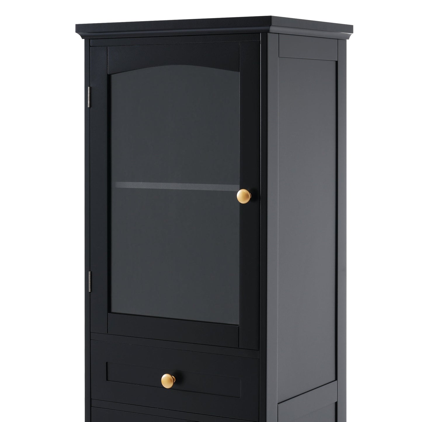 Tall Bathroom Storage Cabinet with Glass Doors, Free-Standing, Two Drawers, and Adjustable Shelves, MDF Board, Painted Black - Korvel